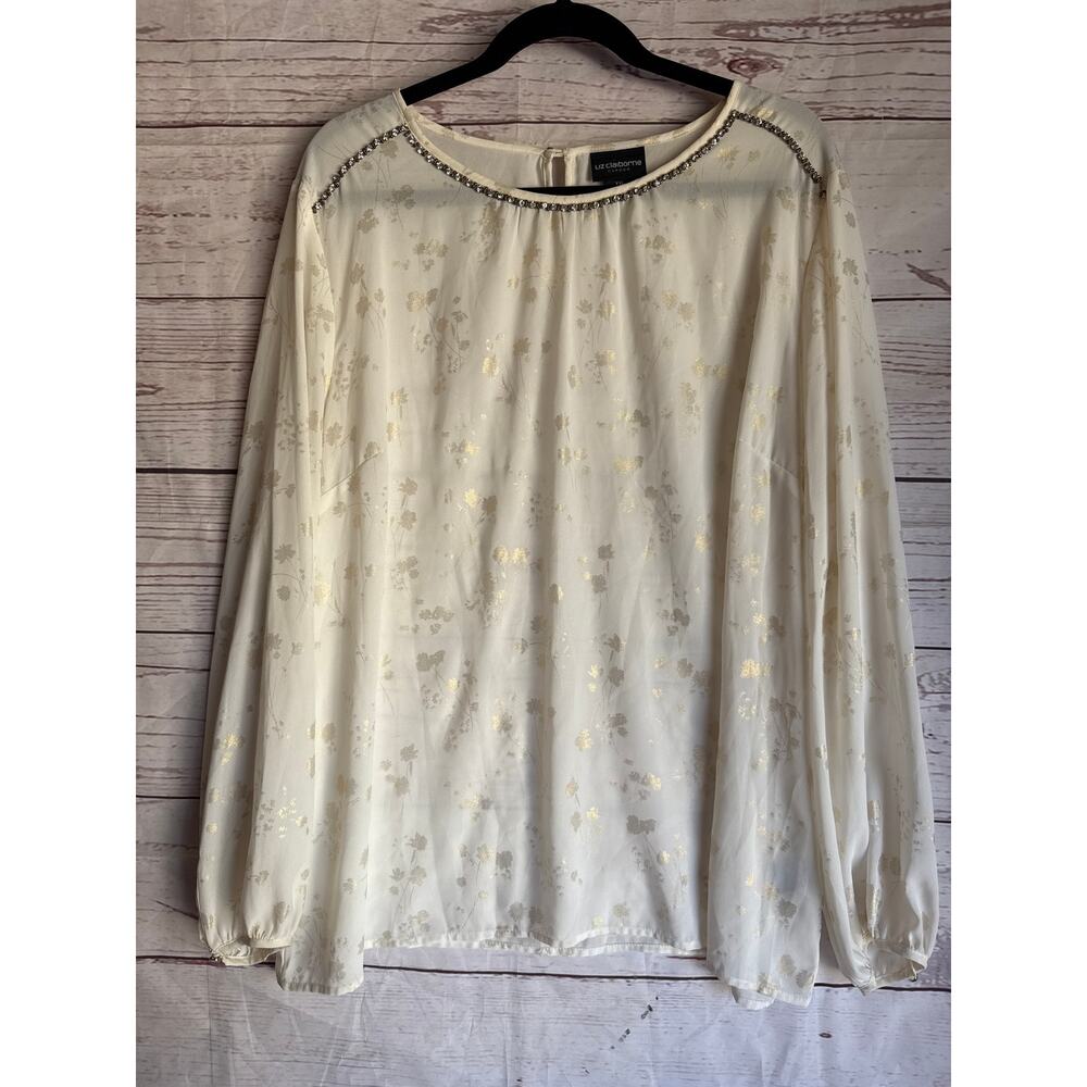 Liz Claiborne White with Gold Design Long Sleeve Blouse Sz XXL